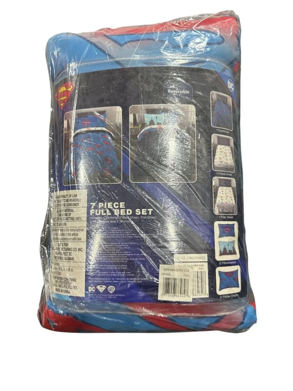 Superman 7-Piece Full Size Bed Set With Reversible Comforter & Pillowcases - DC